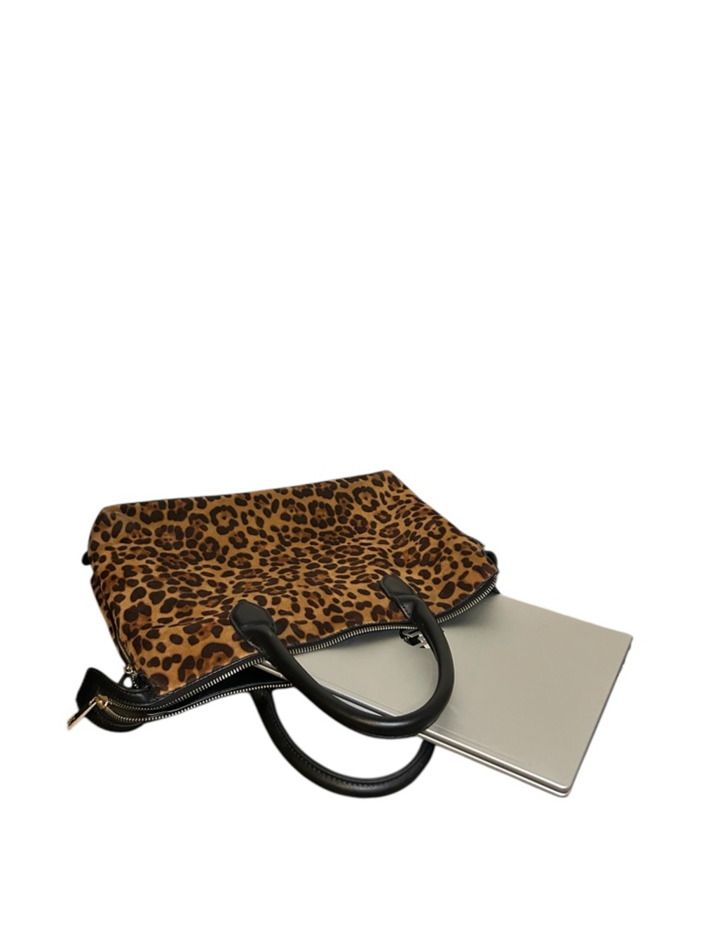 Leopard Print Suede Satchel Bag Expandable Sides Top Handle - Picture 8 of 11
